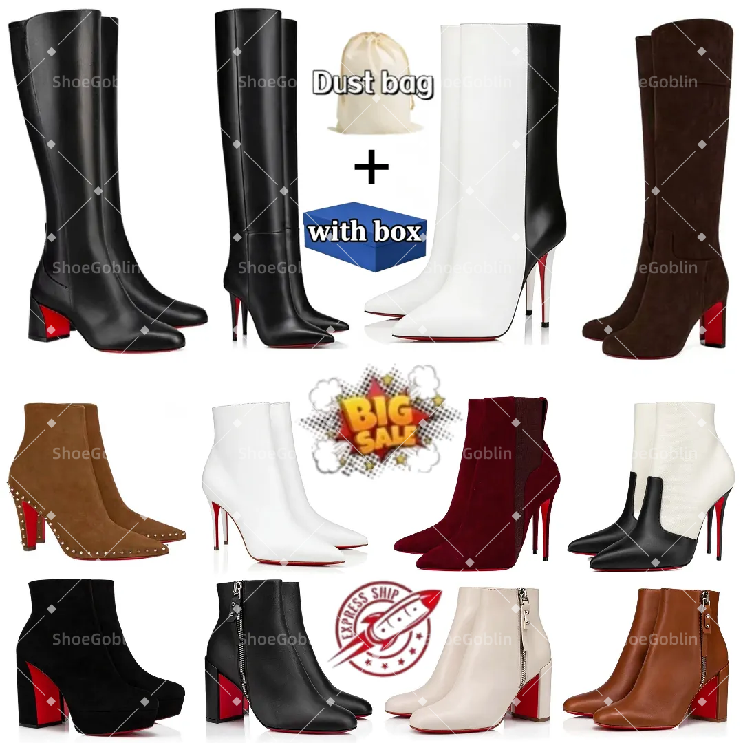 Fashion Designer heels Womens Red Shiny Bottom Stiletto Short Boots Genuine Leather Suede Ankle Knee High Heel Dress Booties Party Club Footwear Wit