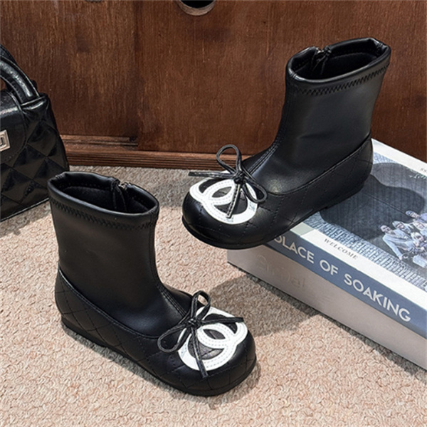 BowKnot Girls Black Ankle Boot New Style Kids Long Boots Fashion Pu Leather Side Zipper Girls Booties Autumn Winter Children's Shoes