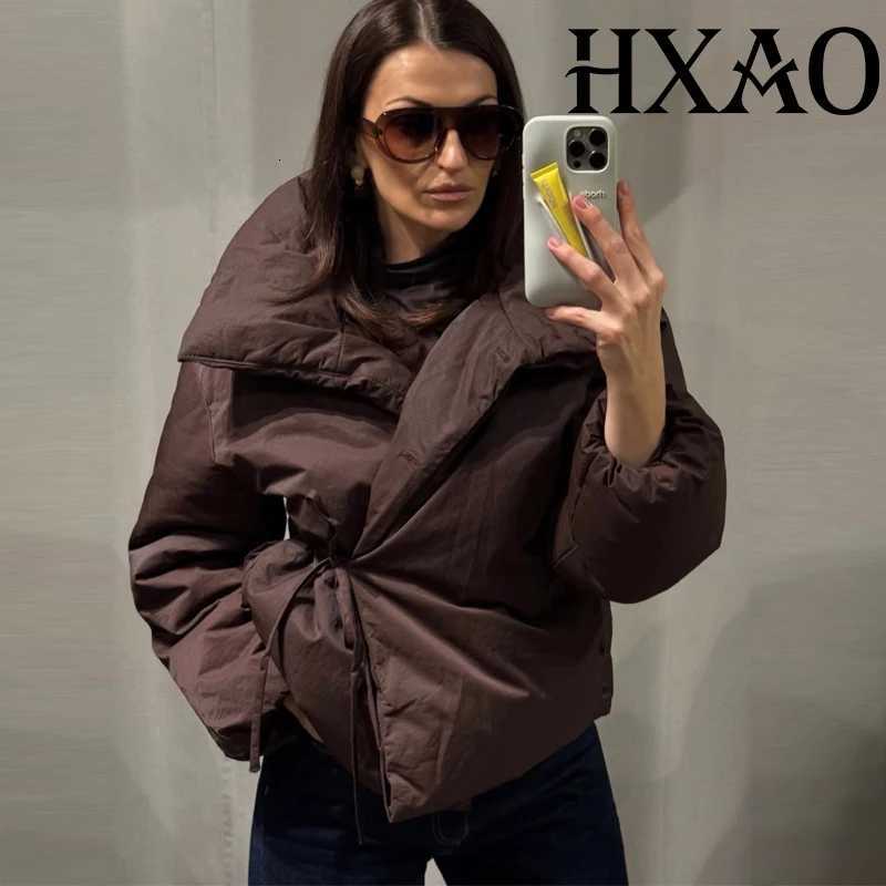 HXAO Parkas Women's Down Padding Winter Jacket For Women Long Sleeve Quilted Jacket Woman Outerwears Tied Parkas Warm Brown Short Padded Jacket