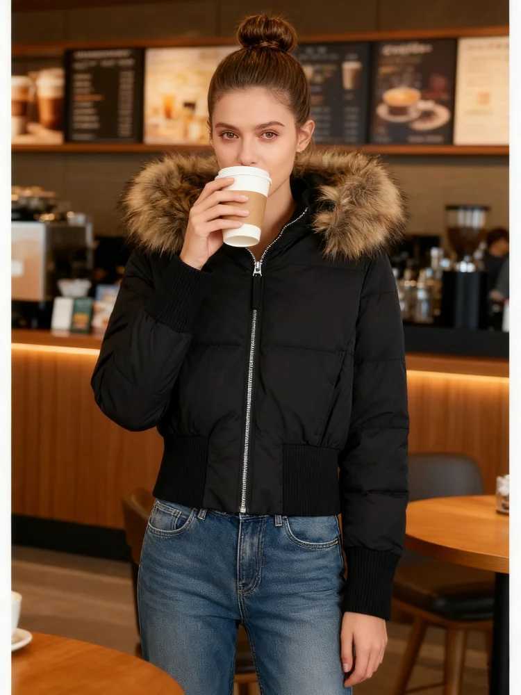 Parkas Women's Wool Down Collar Hooded Cotton Women's Jacket Zipper Elastic Hem Long Sleeve Pocket Women Winter Coats Autumn Short Jacket