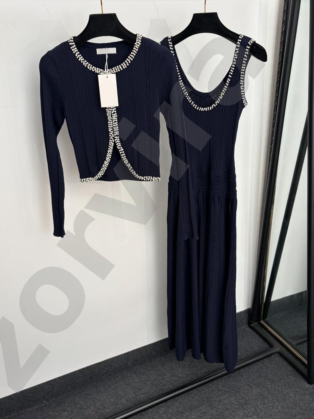Designer Best-seller de haute qualité femmes 2pcs tricot tenue strass garniture à manches longues cardigan sans manches robe midi élégant ensembl