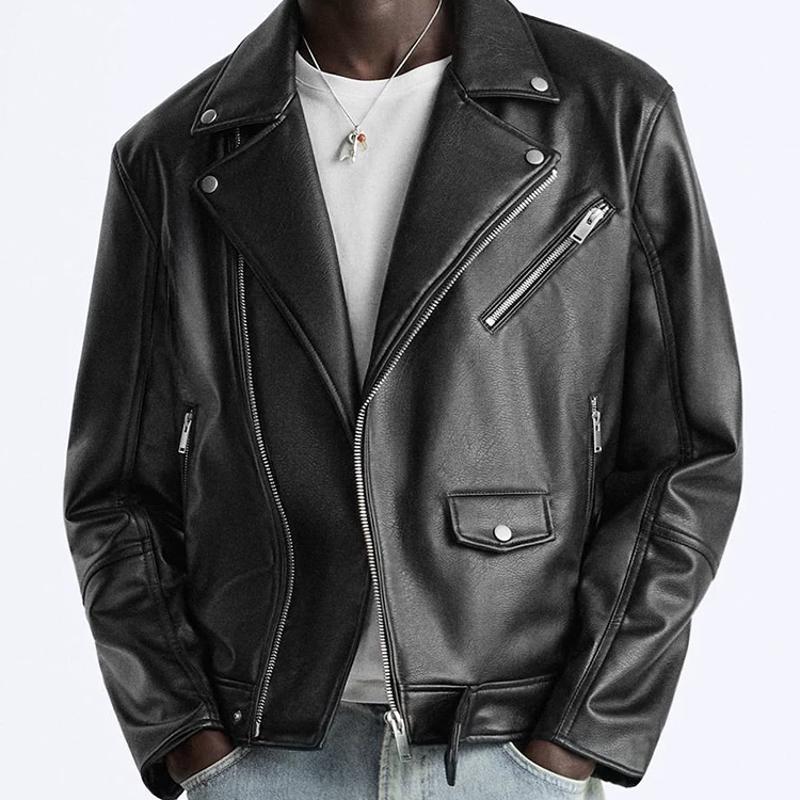 Veste de motard en simili cuir pour hommes, manteau d'équitation à fermeture éclair diagonale, vêtements d'extérieur décontractés d'automne et d'
