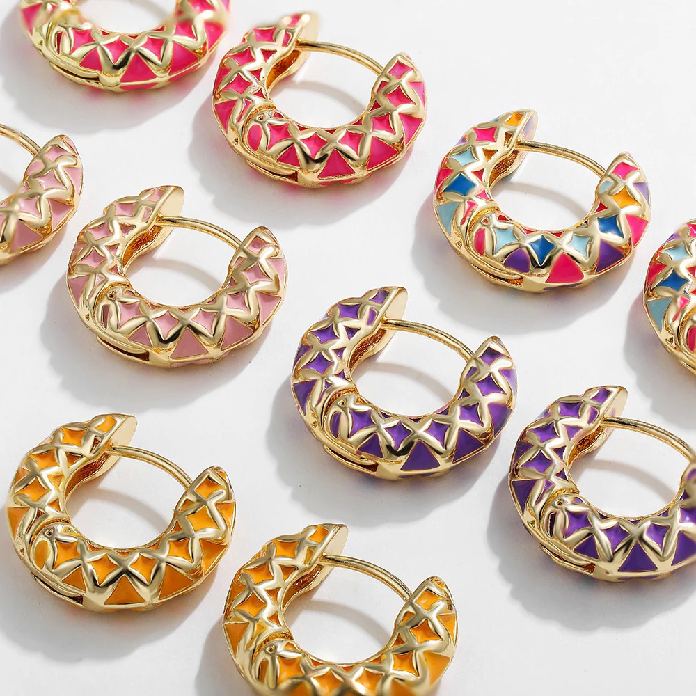 Vintage Enamel Colorful Argyle Round Circles Huggies for Women Ethnic Geometric Pattern Gold Plated Hoop Earring Ear Buckles261008