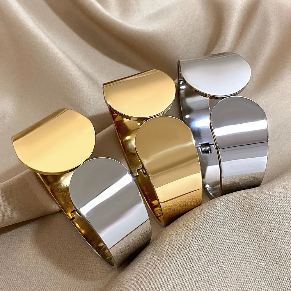 Trendy Geometric Patchwork Chunky Bangle Bracelet for Women Men Asymmetrical Glossy Gold Silver Color Cuff Bangles Jewelry Gifts 261009