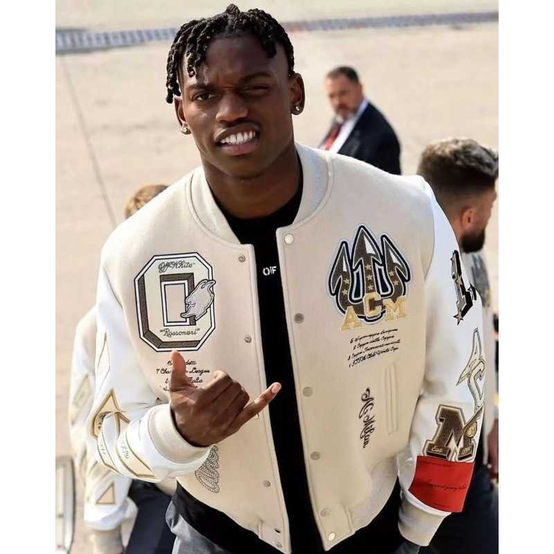 Men's Jackets College Baseball Uniform Black and White Striped Ribbed Collar Multi-Emblem Print Student Casual Men's Jacket L261009EMXL
