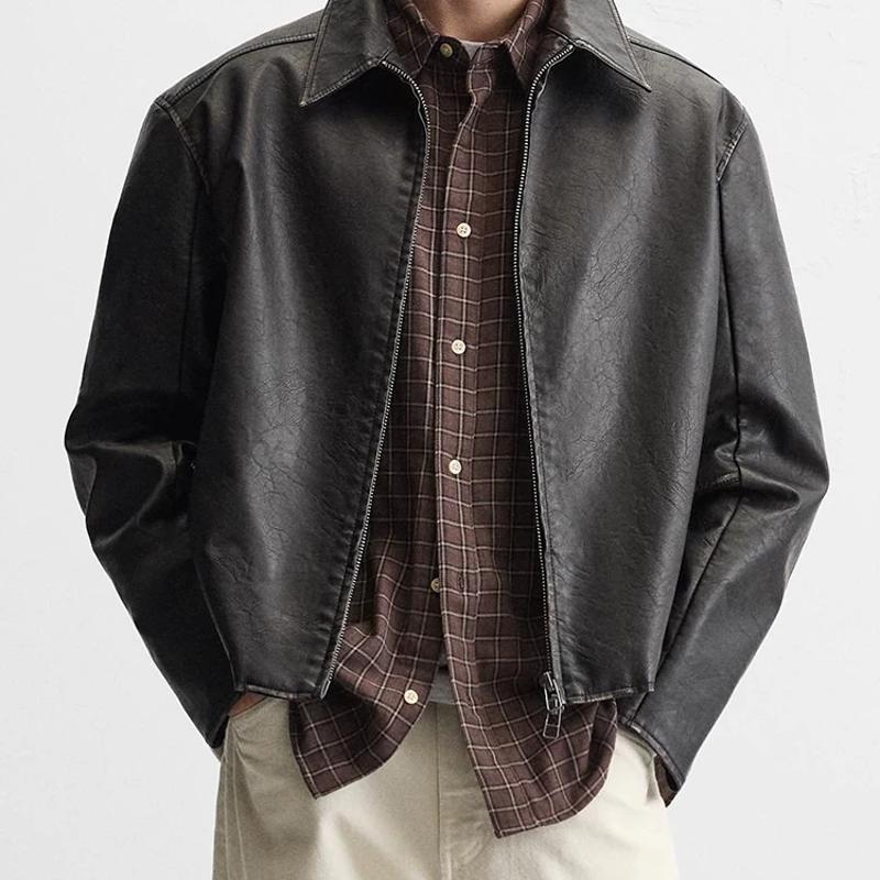 High-Quality Men's Washed Faux Leather Short PU Design Jacket, Lapel Zipper Casual Coat for Spring and Autumn
