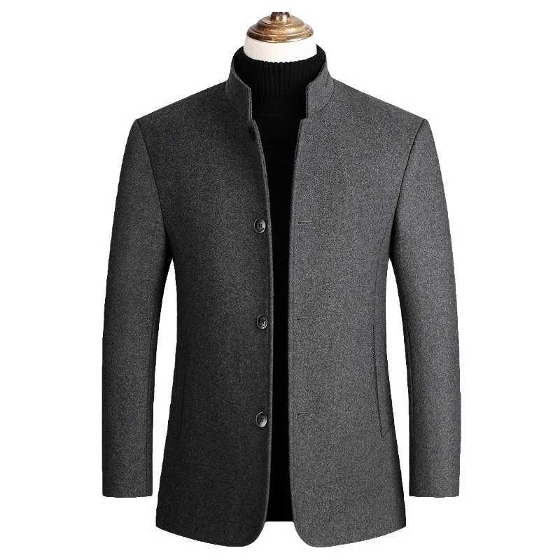Autumn Winter New Casual Style Windbreaker Men's Single Breasted Coat Collared Thickened Cotton Added Mid-Length Woolen Coat X261008