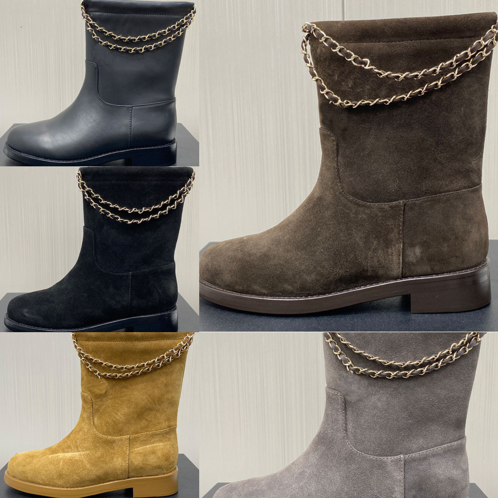 boot woman designer low heel chain matte round toe luxury comfortable black brown beige khaki work office vintage retro modern casual fashion grey l