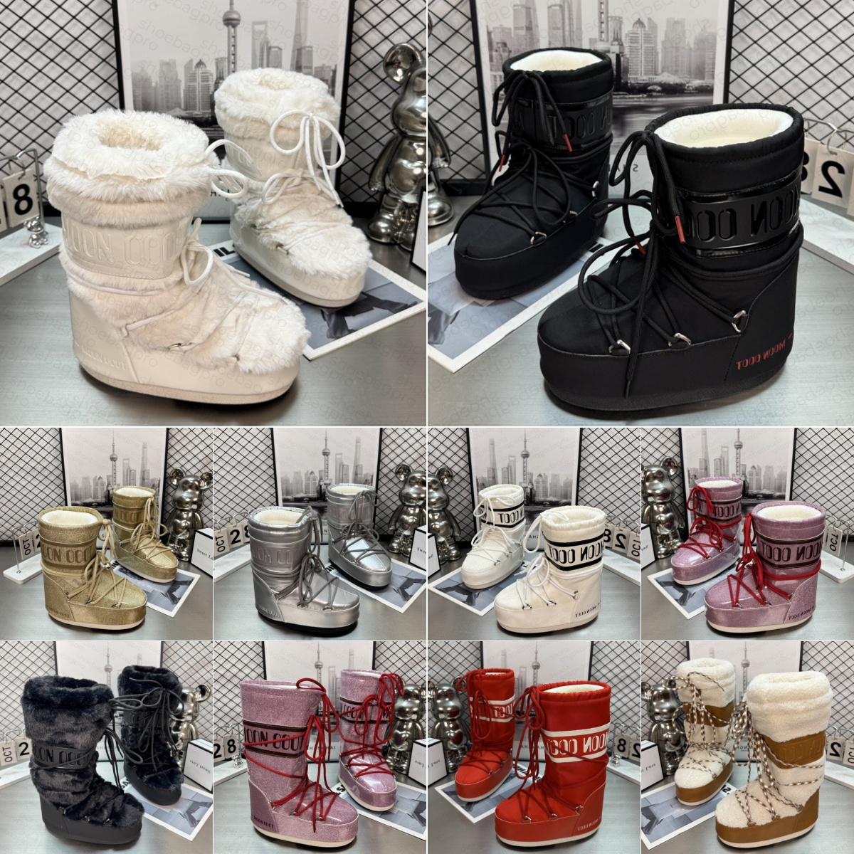 Moon Bootss Women Snow Winter Waterproof Platform Lace Up Glitter Warm Cozy Fleece Anti-slip Icon Nylon Mid-Calf 2025 Apres Ski Outdoor