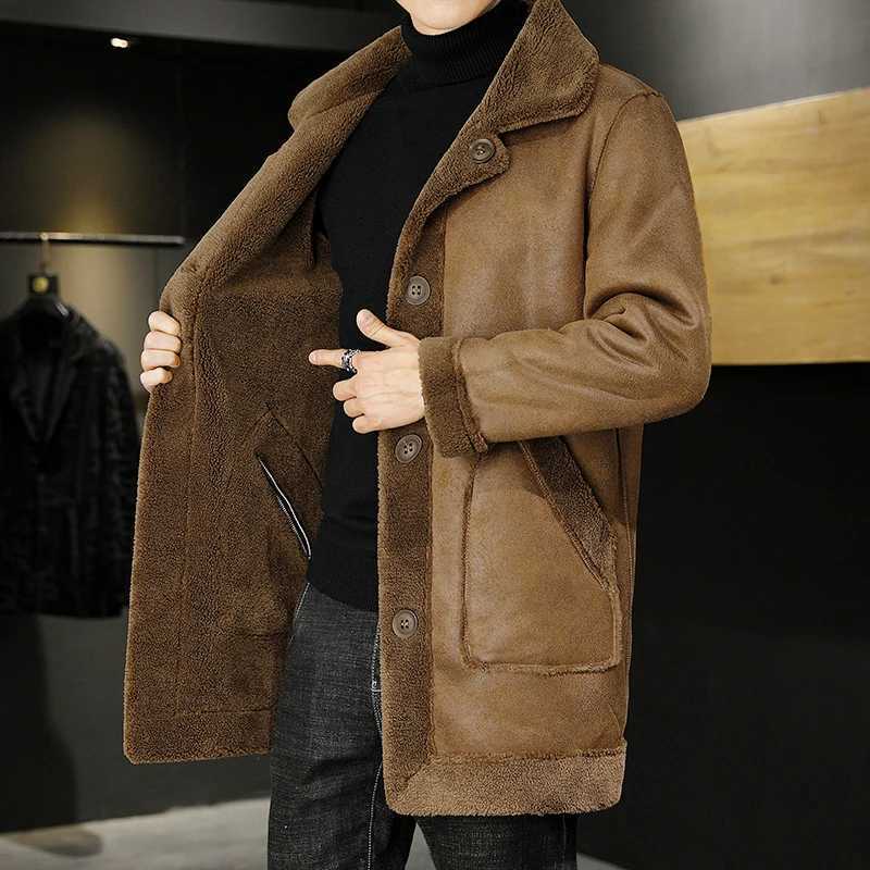 High-quality Men's Mid-length Fleece and Thickened Coat with Lapel Double-sided Wearing Fur and Grain Woolen Overcoat X261008