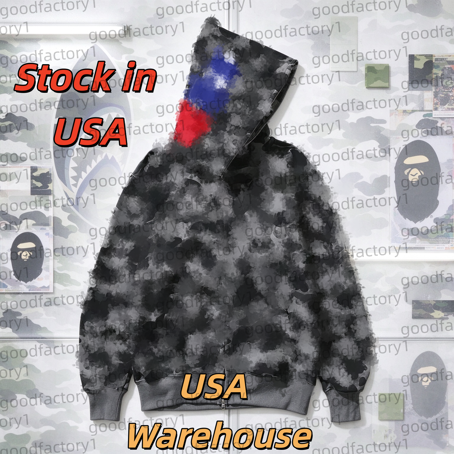 Unisex Hoodie Designer Hoodies Shark Hoodie Sweatshirts Hip Hop Cotton Long Sleeve Mens Hoodies Full Zip Up Shark Hoodie Men Camouflage Graphic Cott
