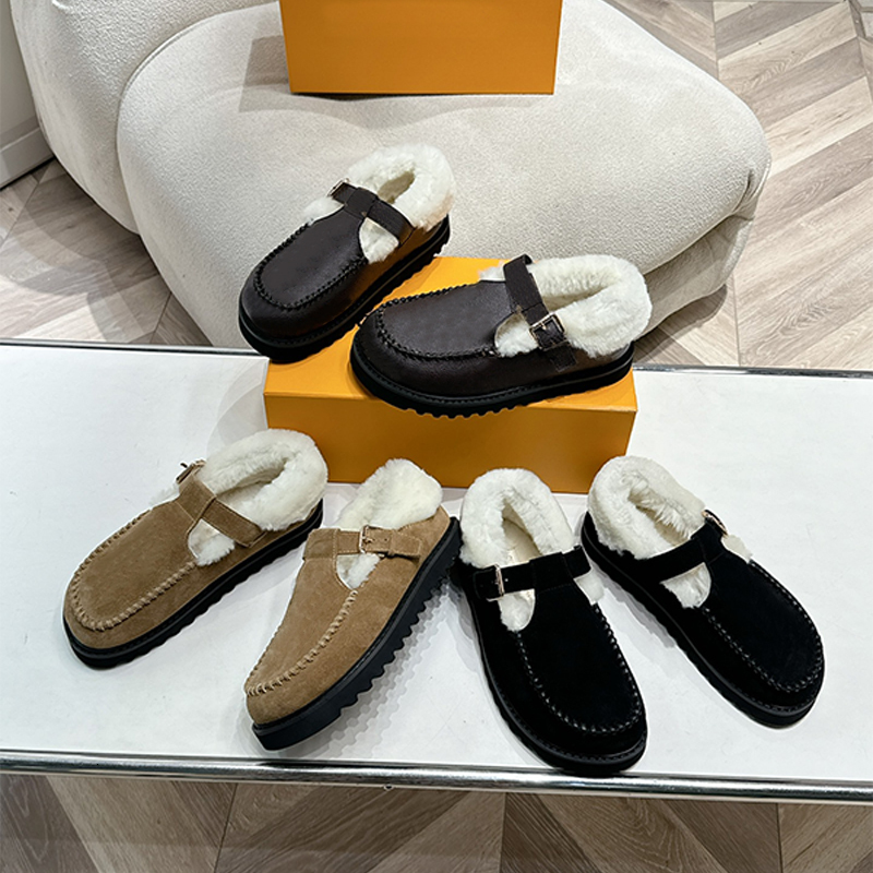 Mules de luxe pour femmes, chaussures d'hiver en daim doublées de peau de mouton, chaussures plates Mary Jane, confortables, sangle à boucle, fou