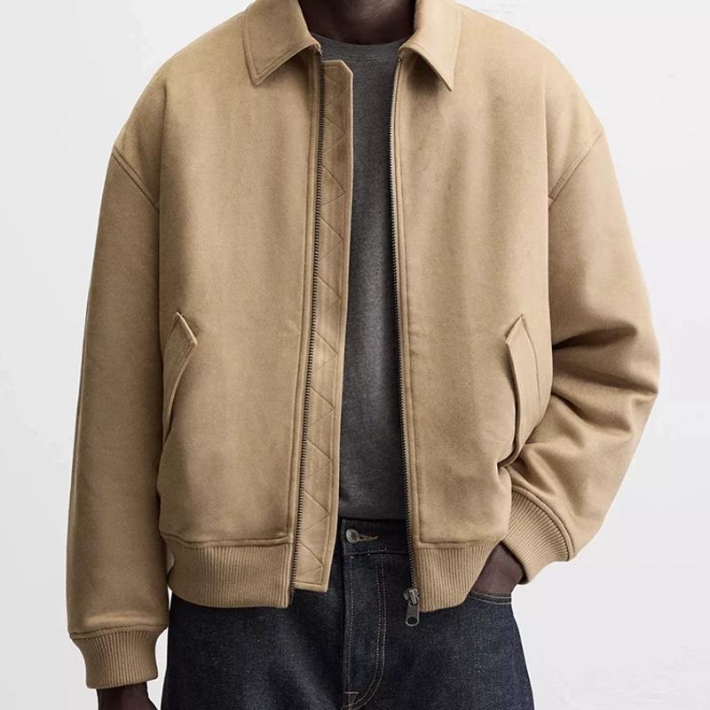 Designer Men's Faux Suede Padded Jacket Lapel Collar Loose Fit Zip Up Winter Warm Thick Cotton Coat With Pockets
