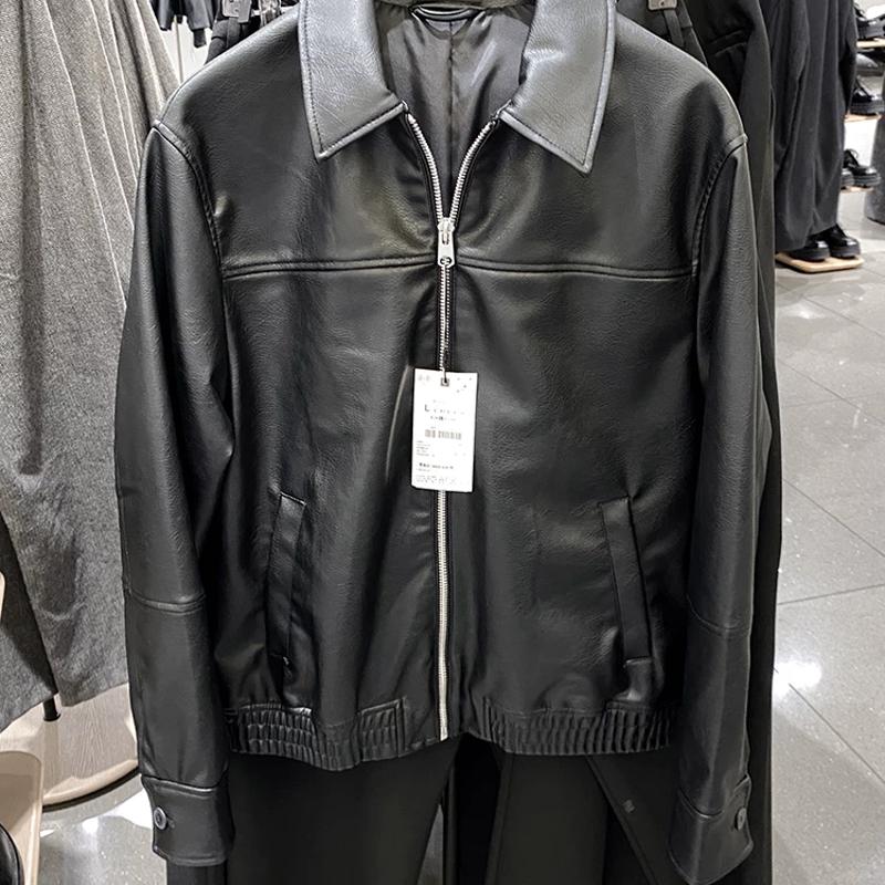 Designer Coat Men's Faux Leather Jacket Loose Fit Lapel Zip Up Casual Washed PU Coat Spring Autumn Big Size Streetwear