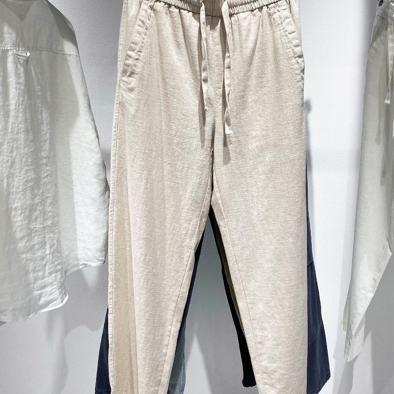 Men's Summer Cotton Linen Design Casual Pants, Elastic Waist with Drawstring, Straight-Leg, Breathable Solid Color Trousers