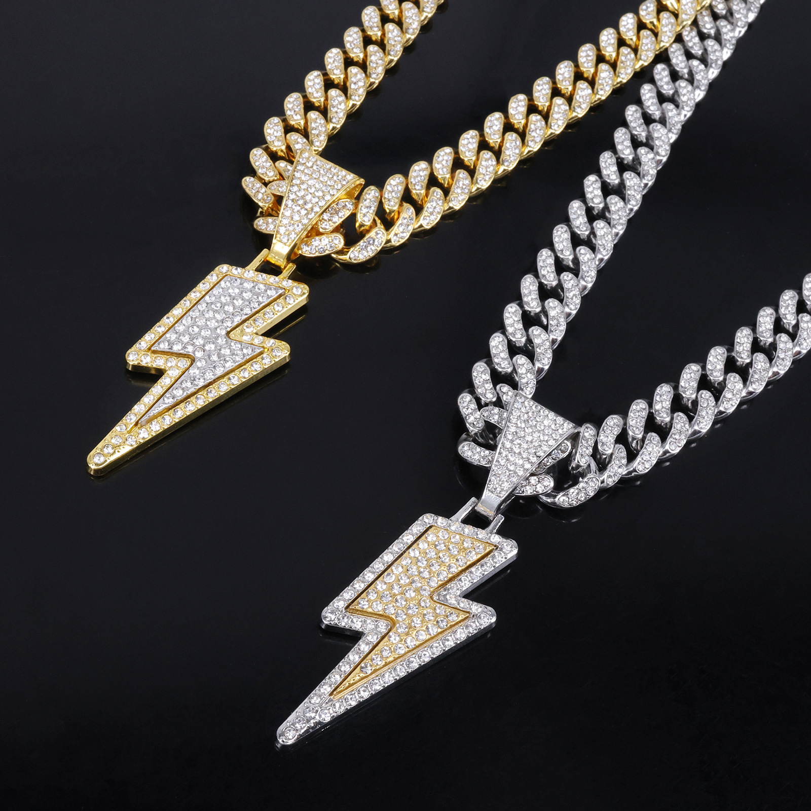 New Hip-Hop Style Purple Lightning Inlaid Diamond Cuban Chain Pendant European and American Trend Gold-Plated Alloy Jewelry Cross-Border Big Head