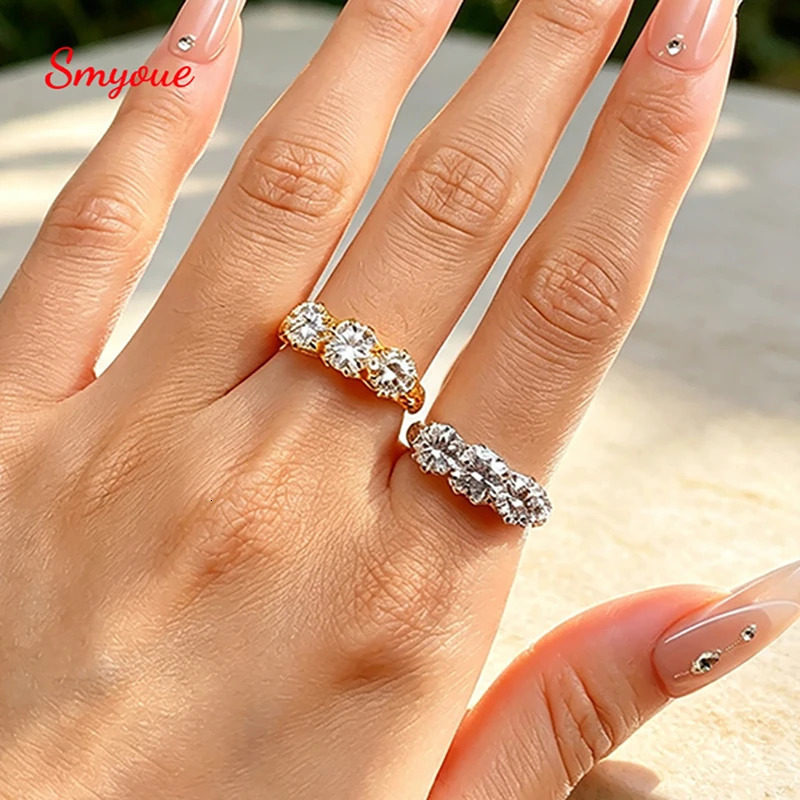 Smyoue New Old Euro Cut All Moissanite Wedding Ring for Woman 3 Stones 18k Plated Bride Lab Diamond Band S925 Sterling Silver