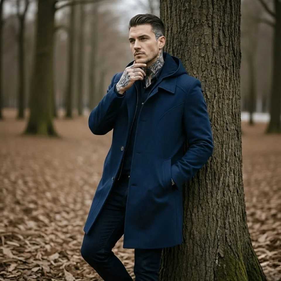 Men's Winter Warm Trench Coat Style Jacket Zipper Button Closure Mid Length Lined Windproof Outdoor Coat X261008