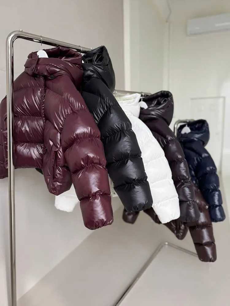 Hooded Women's Down Parkas Glossy Women Winter Coat Loose Thicken Long Sleeve Elastic Hem Jackets Oversized Stand Collar Warm Street Outerwear