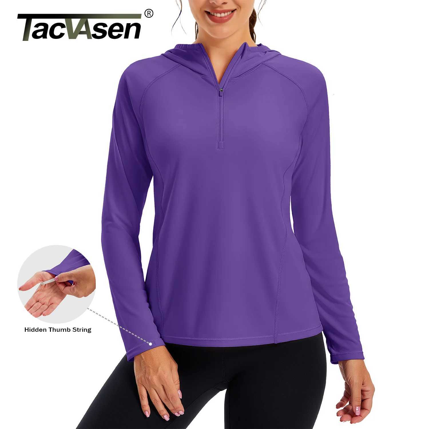 T-Shirt TACVASEN Womens Women's UPF50+ Hooded Shirt Quarter Zip Sun Protection Clothing with Thumb Hole Lightweight Breathable Hiking Slim Tops