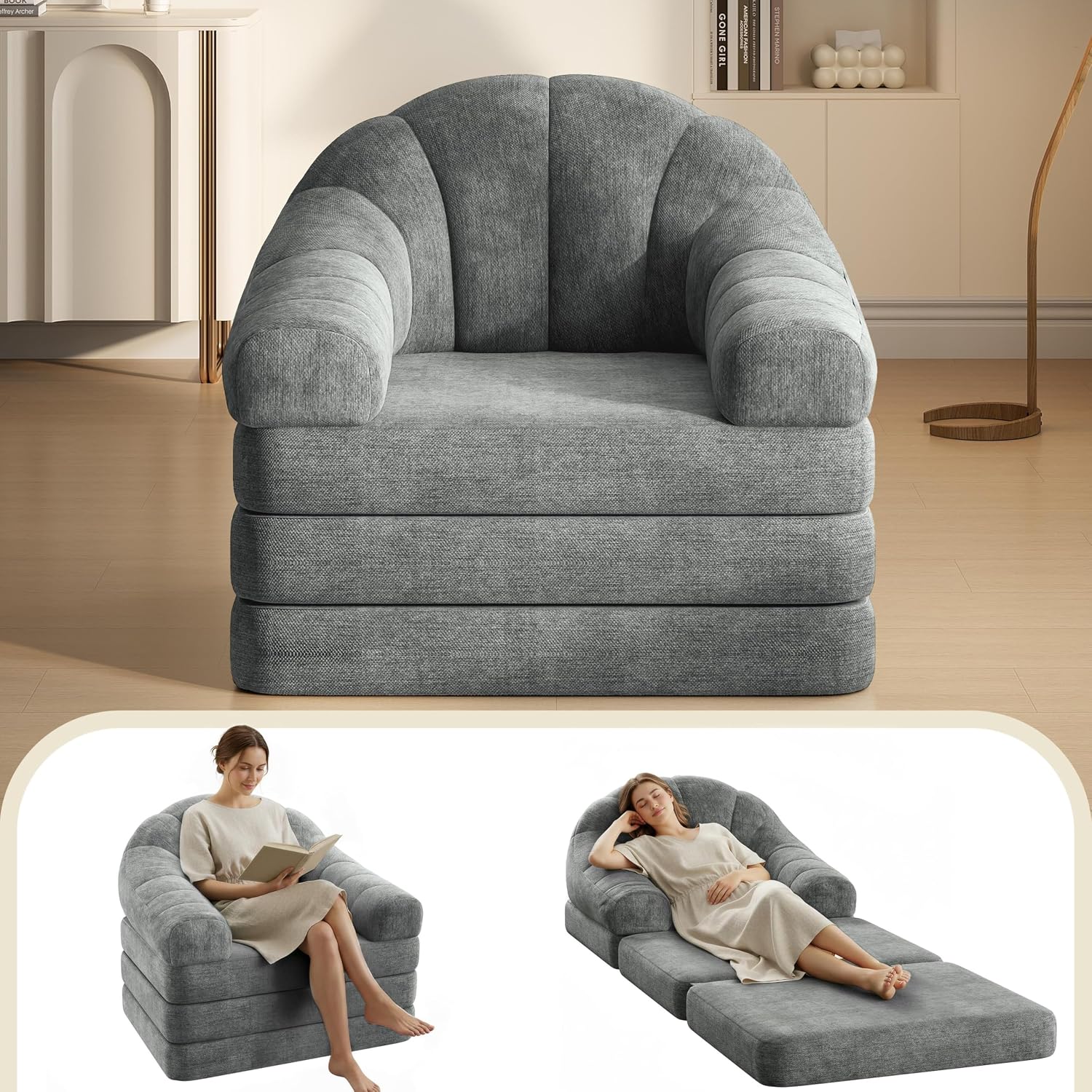 93" Folding Sofa Bed Convertible Sofa Chenille, Gray Foldable Sofa Bed Convertible Chair Sleeper Chenille Couch with Handle, U-Shape Support fo