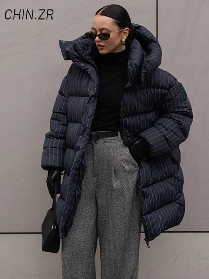 Parkas Women's Street Down Striped Women's Hooded Mid Length Cotton Jacket Loose Full Sleeve Zipper Button Long Jackets 2026 Winter Lady W