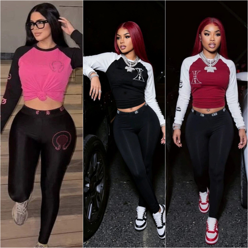 Womens Two Piece Pants Designer Clothes Tracksuits Hot Girl Raglan Long Sleeve T-Shirt Printed Letter Color Block Tight Long Pants Two-Piece Outf