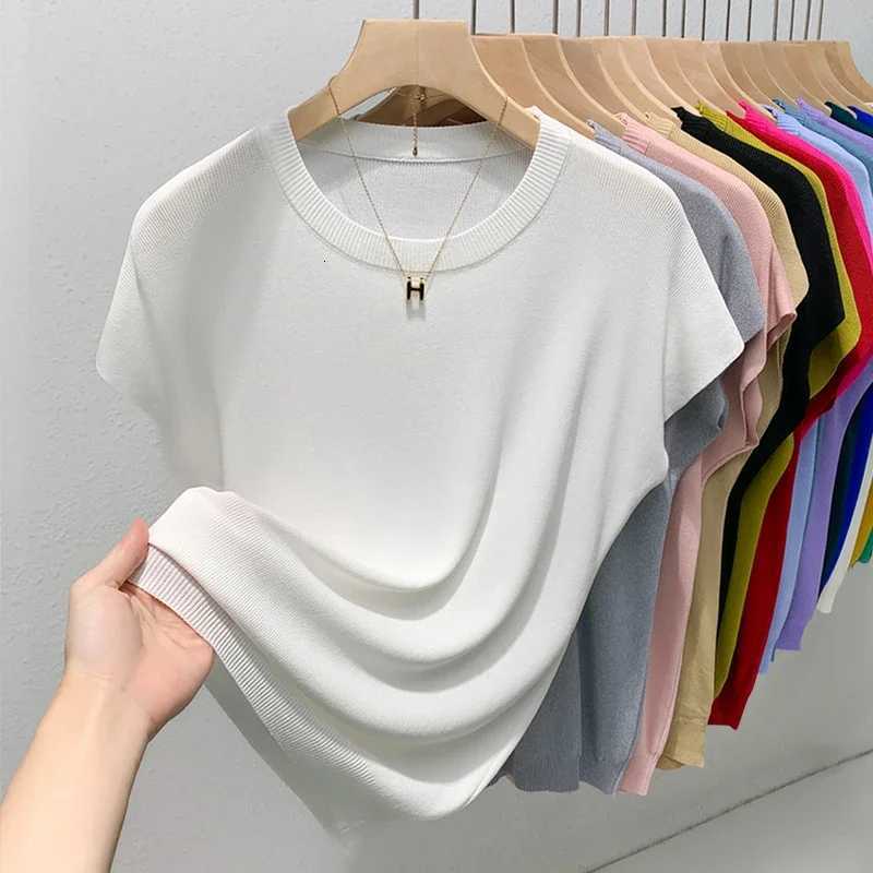 T-Shirt New O-neck Women's Collar T-shirt Korean Ice Silk Knit Short-sleeved Slim-fit Elastic Solid Inner Bottoming Shirt Sexy Big Chest T-shir