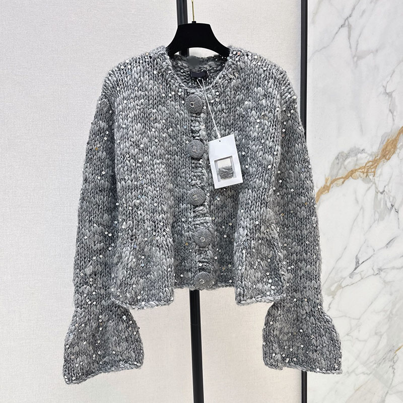 Luxury Gray Cashmere Blend Sweater Cardigan Brand Women Long Sleeve Buttons Sweaters Spring Autumn Elegant Wedding Dinner Birthday Party Knitwear