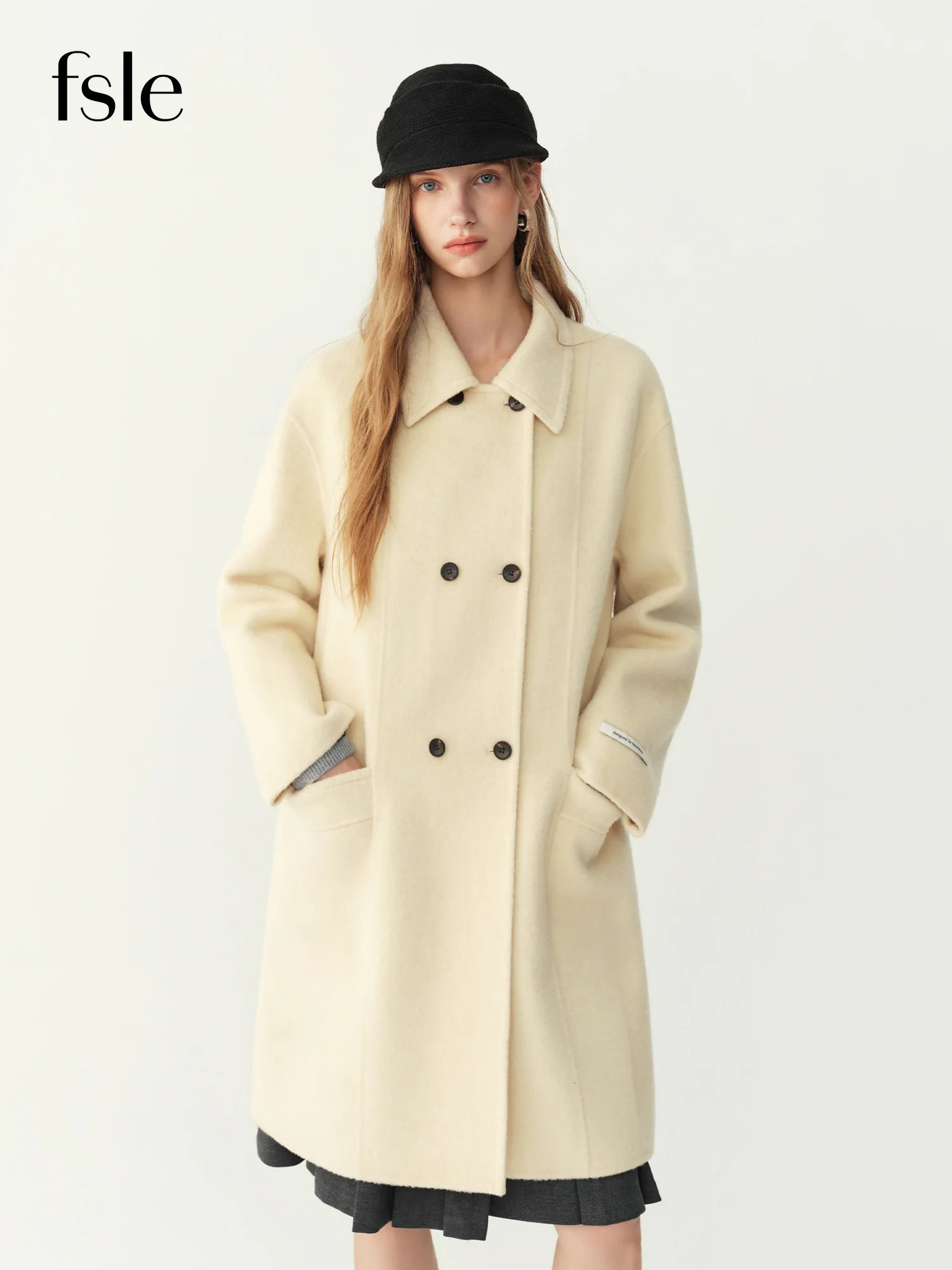 FSLE Women Double Faced Coat Fine Wool Camel Hair Blend Wide Lapel Collar Loose Straight Fit Winter Casual Outerwear 260929