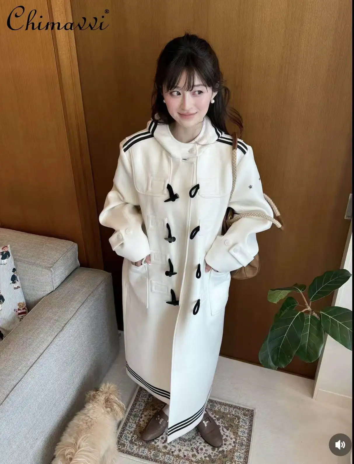 Japanese Style Preppy Horn Button Hooded Coat Winter Fashion Long Sleeve Loose Student Elegant Women Wool 260929