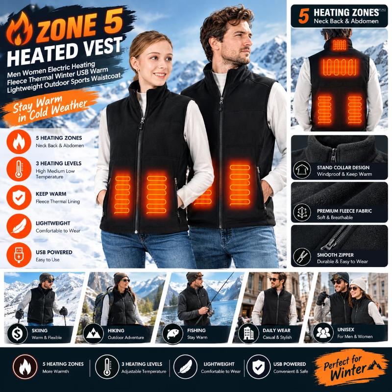 Zone 5 Heated Vest Men Women Electric Heating Fleece Thermal Winter USB Warm Lightweight Outdoor Sports Waistcoat Without A Powe