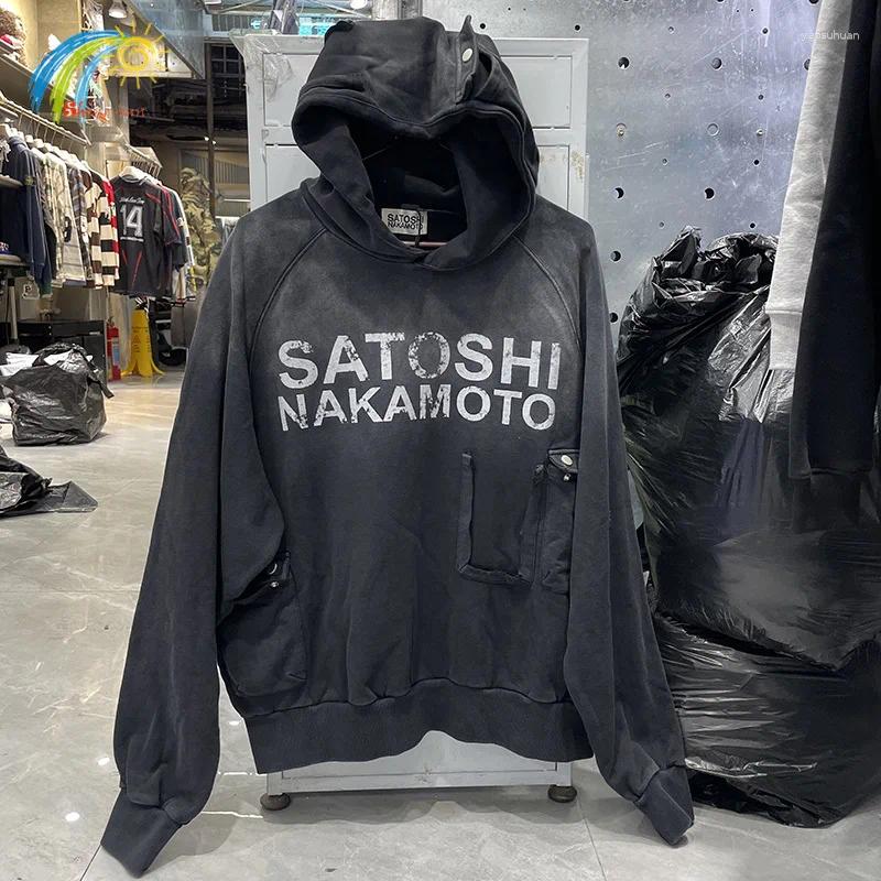 Quality Cotton Vintage Washed Black Hoodie Men Women Hip Hop Pocket Hooded Patchwork Boxy Pullovers