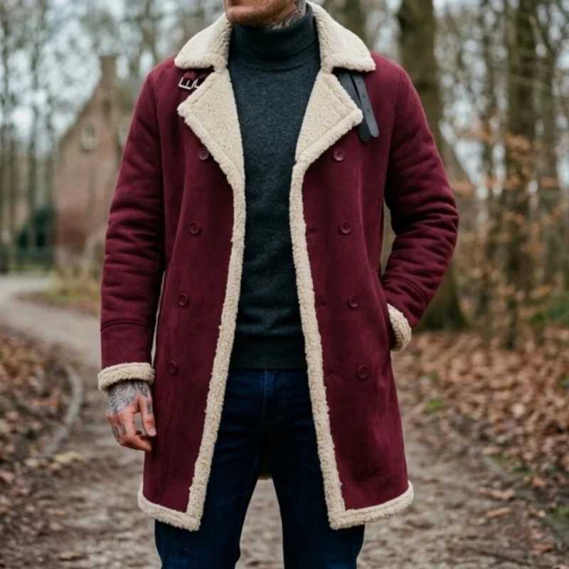 New Men's Faux Suede Fur Lined Winter Jacket Windproof Mid-Length Warm Coat Soft Fleece Outdoor Wear Belted Winter Male Jackets X261008