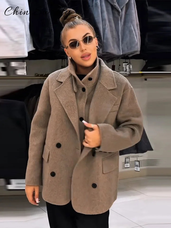 Elegant Women's Woolen Suit Jacket Vest 2 Pieces Set Loose Lapel Long Sleeve Breasted Jackets Knit Collar Vests Lady Coats 261008