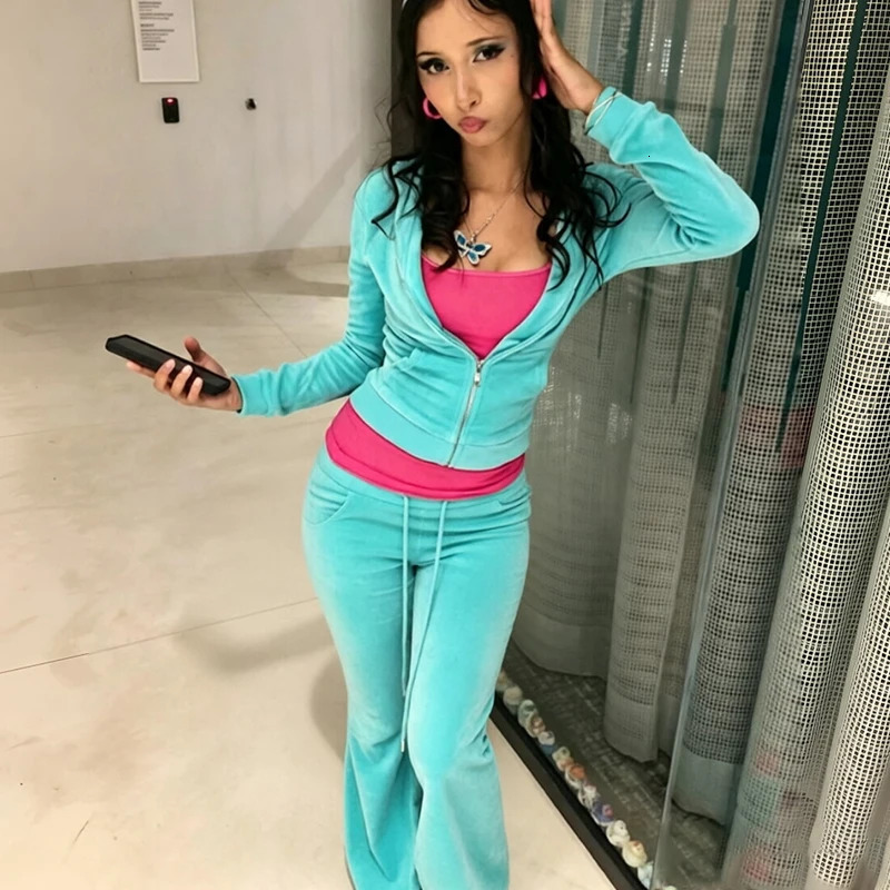 2000s Women's Clothing Turquoise Y2K Matching Set Hood Zip Sweat Jacket and Flare Pants Sporty Aesthetic 2 Piece Casual Outfit 261008