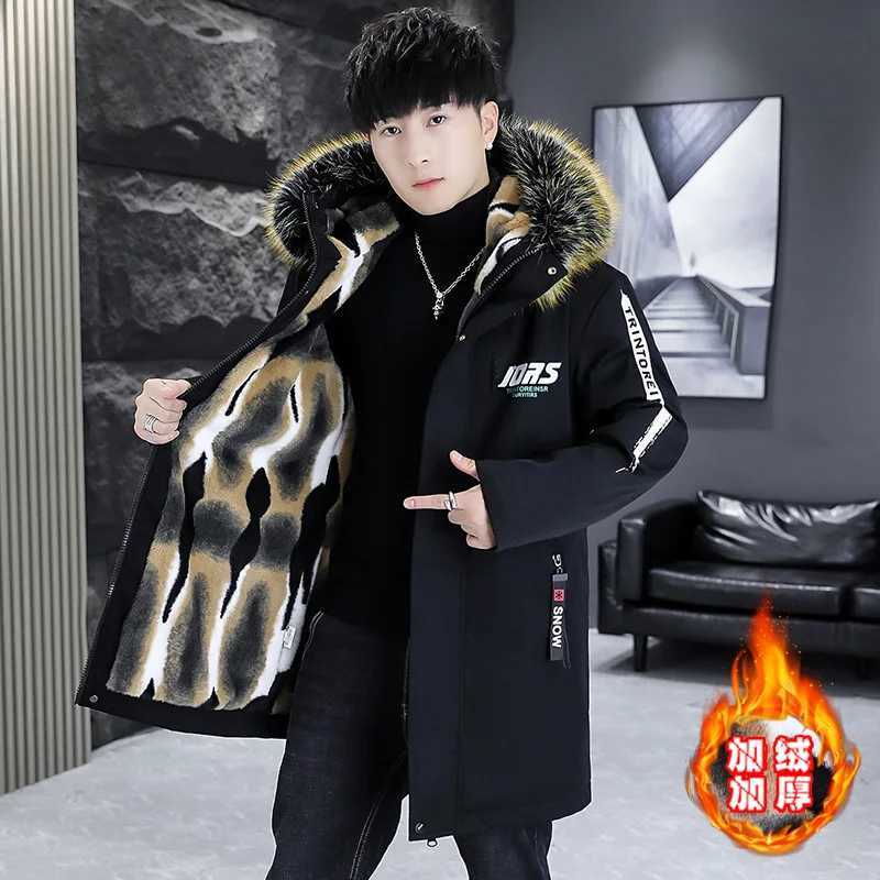Winter New Men's Parka Hooded Woolen Collar Cotton Coat Thickened Warmth Fashionable Mid length Wool Liner Jacket X261008
