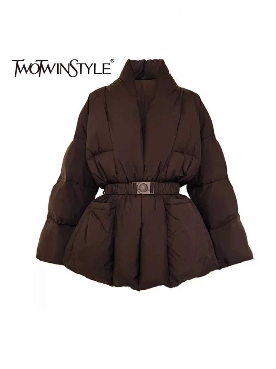 Parkas Women's TWOTWINSTYLE Down Solid Spliced Belt Loose Jackets for Women V Neck Long Sleeve Temperament Parkas Female Fashion Style J261008