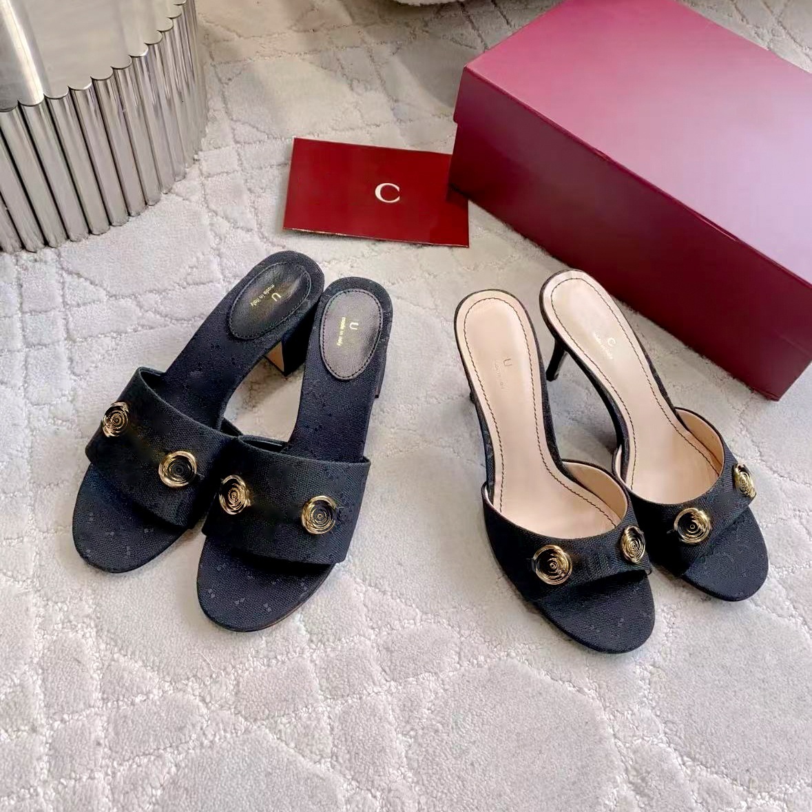 quality Jacquard sandal slipper luxury Summer Sexy Dress shoes Vintage Beach pool Slip on Open Toe Metal Horsebit woman Chunky Heel Canvas Designer