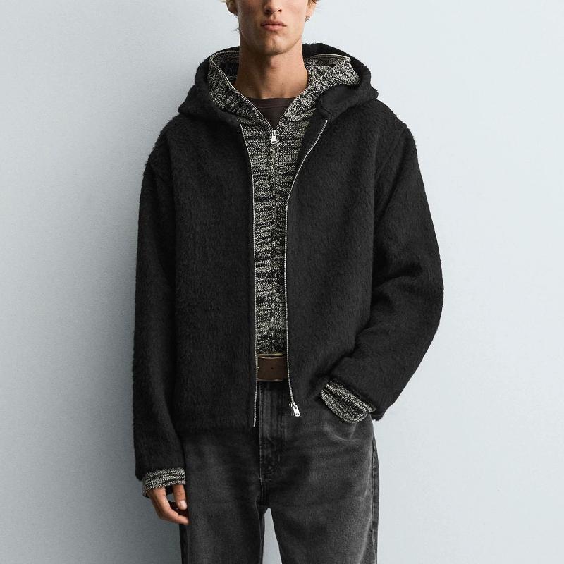 Designer Jacket Men's Autumn Winter Wool Blend Faux Fur Hooded Jacket Coat Solid Color Long Sleeve Casual Outerwear