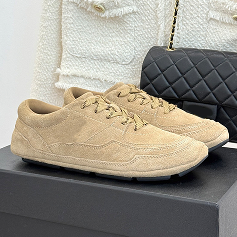Designer Ladies Dark Beige Suede Calfskin Sneakers Lace Low Top Sports Shoes Flat Bottom Anti Slip Suitable Daily Life Leisure Outfit