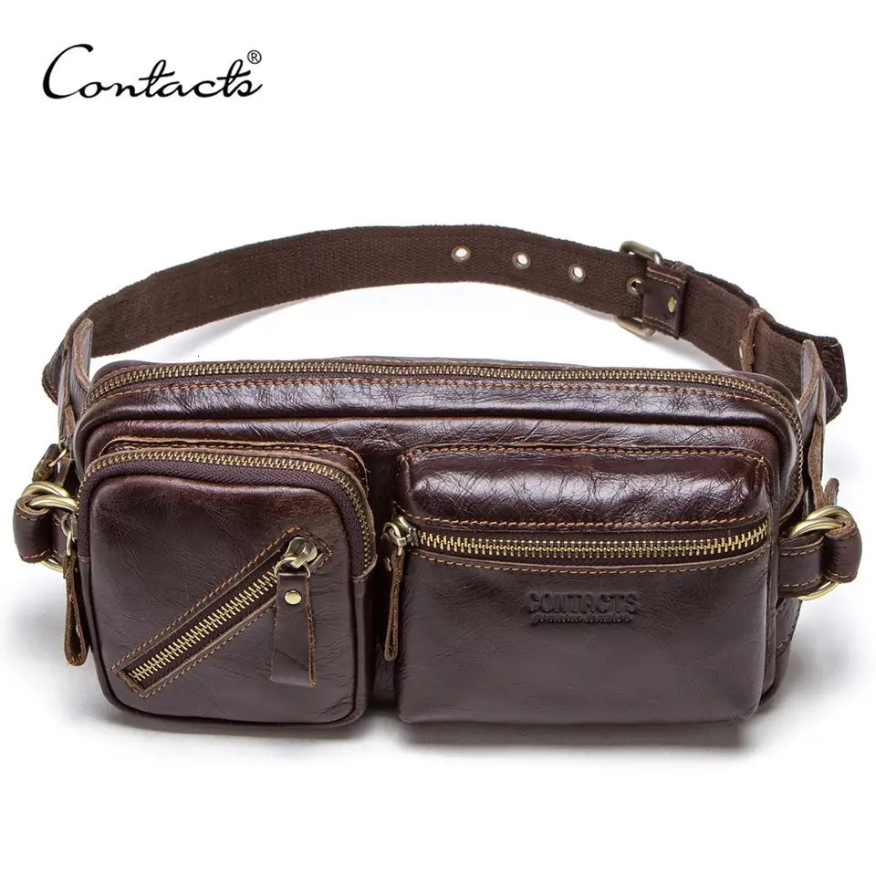 CONTACTS Genuine Leather Mens Belt Bag Small Fanny Pack Top Quality Male Waist for Cell Phone Travel Chest Bags Man 261009
