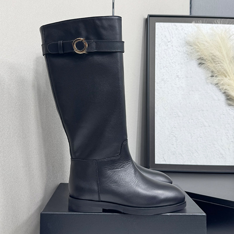 Botas de caballero de diseñador para mujer, botas altas de piel de becerro lisas negras de lujo, botas altas de caballero para uso diario al aire li