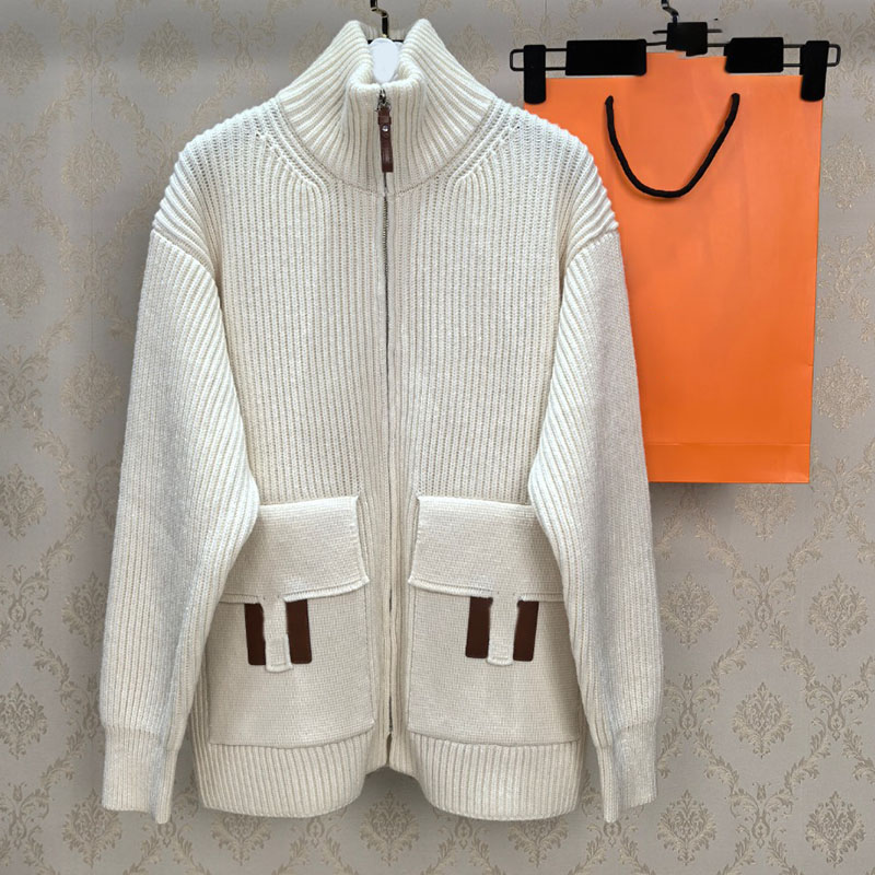 Brand Leather Patchwork Wool Sweater Cardigan Designer Women Long Sleeve Zipper Up Cardigans Elegant Street Style Casual Daily Sweaters