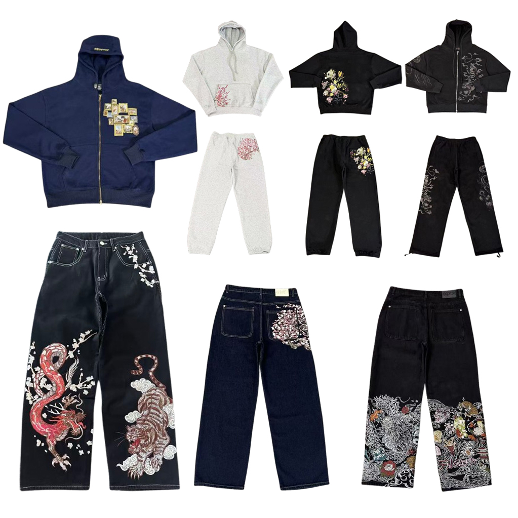 Derschutze Designer Jeans 2026 Mens Womens Baggy Streetwear Hoodie Pullover Joggers Pants Cherry Blossom Embroidery