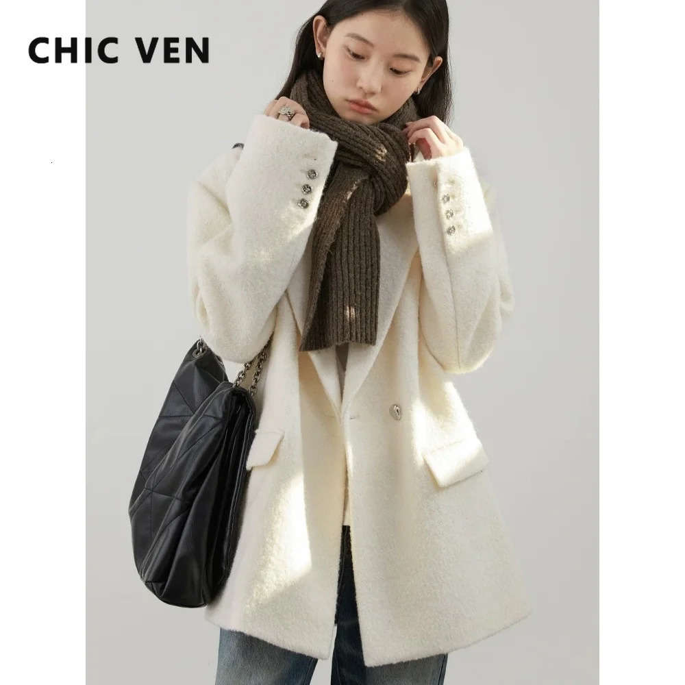 CHIC VEN Women Woolen Blazer Coat White Loose Casual Oversize Office Ladies Mid Length Outerwear Autumn Winter 2026 Clothes 261008