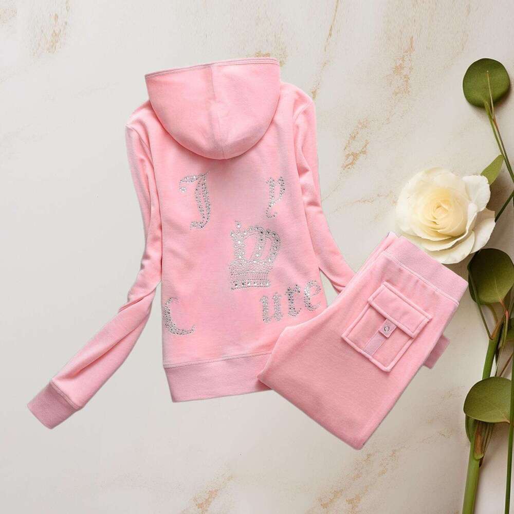 Juicy Culture Women Y2k Velour Tracksuit Two Piece Set Rhinestone Embellished Cropped Zip Hoodie Flare Pants Soft Plush Retro 2000S Loungewear Outfi