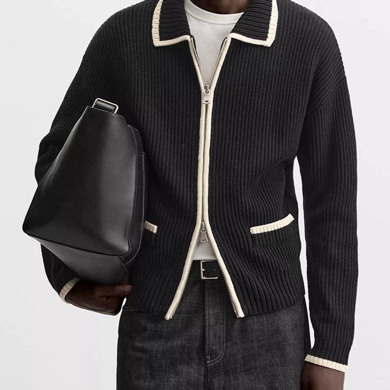 High-quality Men's Color-block Zip-up Knit Cardigan Designer Sweater, Lapel Long-sleeve Slim-fit Thickened Casual Jacket for Autumn and Winter