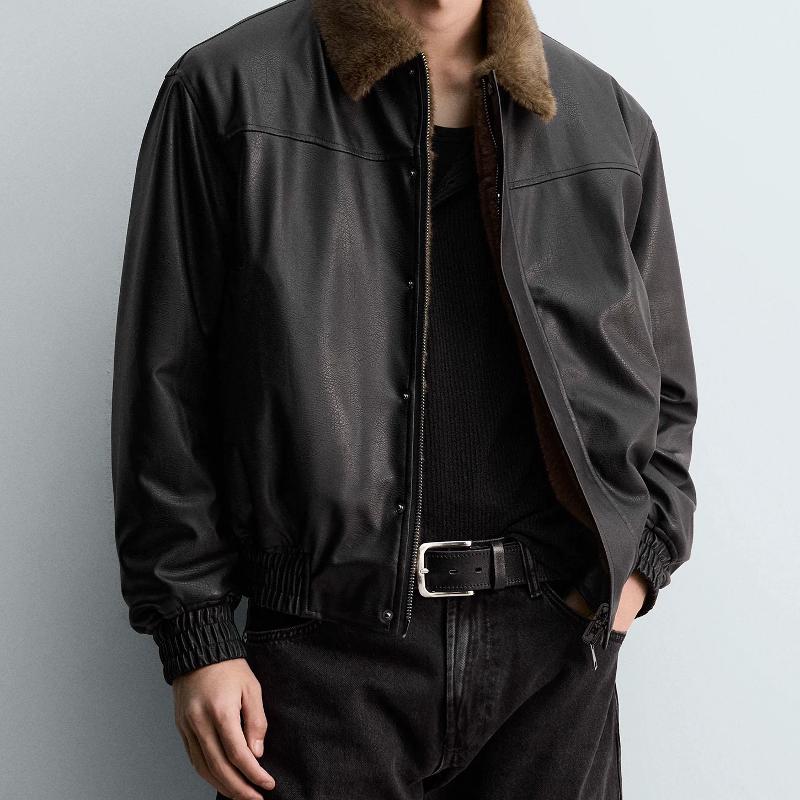 Veste réversible d'hiver pour hommes, simili cuir avec doublure en fausse fourrure, chaleur épaissie, vêtements d'extérieur décontractés noirs à