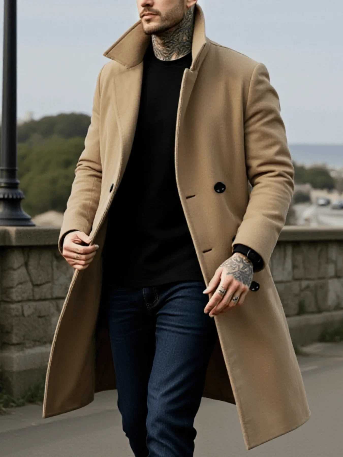 Men's Winter Mid-Length Coat Woolen Warm Coats Lining Double Breasted Lapel Jacket Street Wear Men's Clothing Outerwears X261008